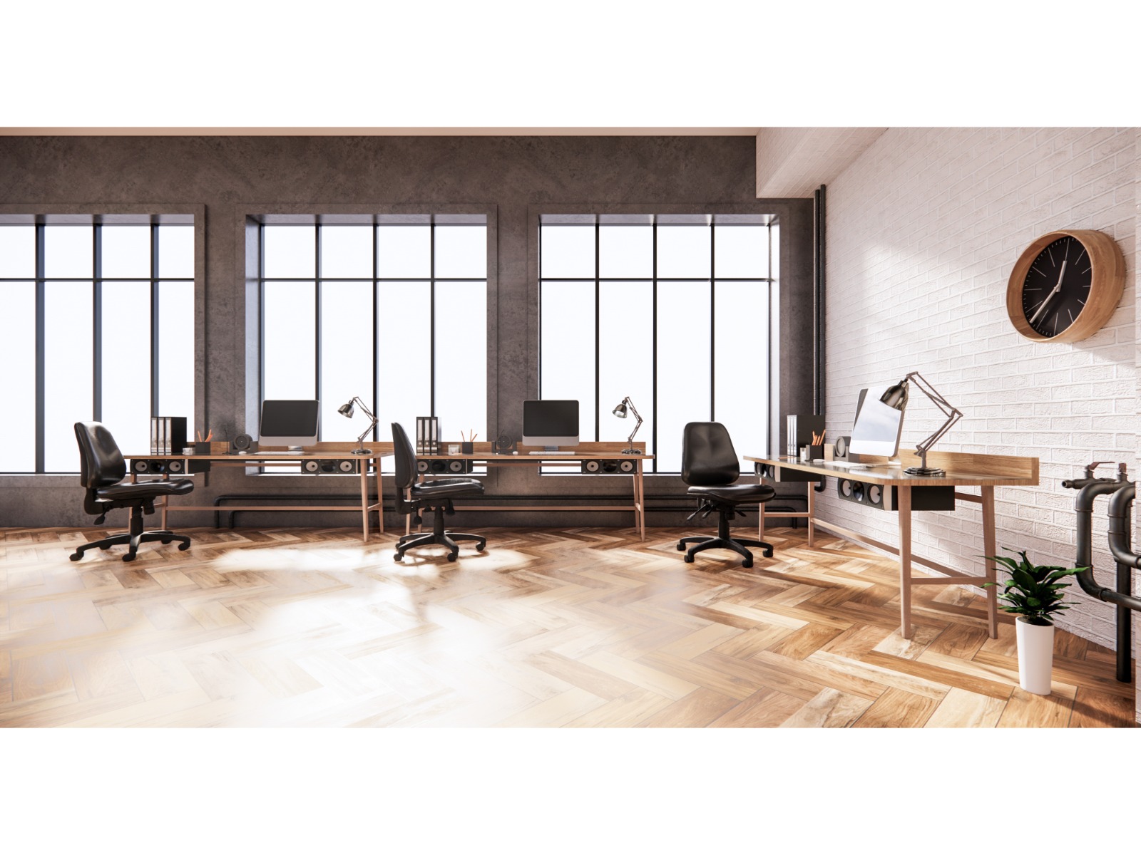 A diverse collection of modern commercial furniture in a well-designed office space.