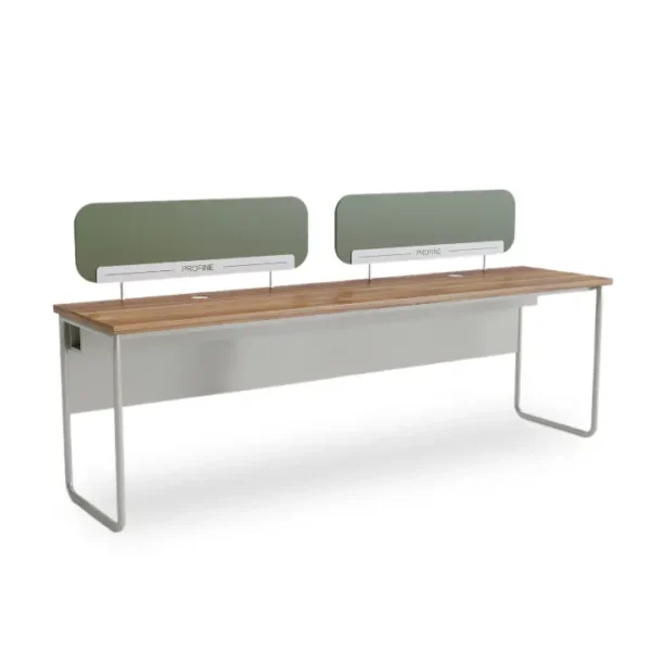 Beyond workstation for 2 persons with 32mm compressed wood top and sleek partition.