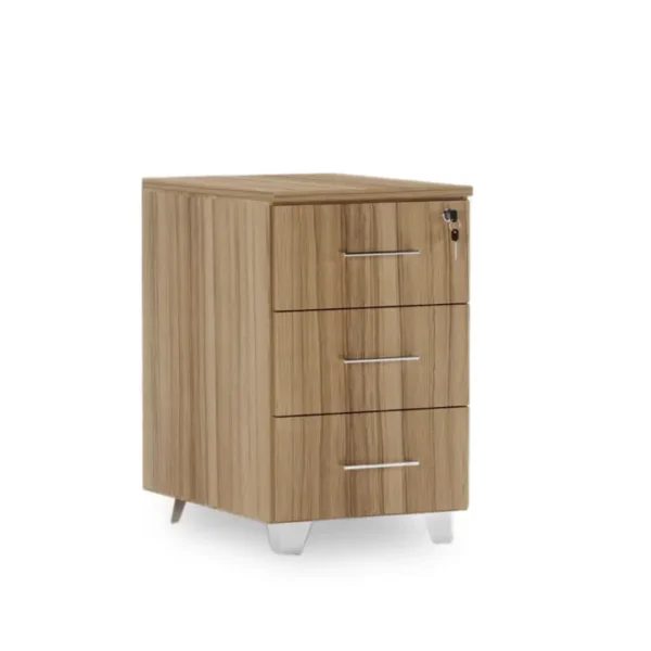 Modern Deluxe pedestal with 3 drawers, melamine finish, and chrome legs.