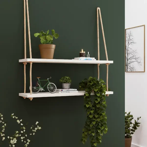 Suspended Wall Shelf with melamine finish and jute rope hanging design