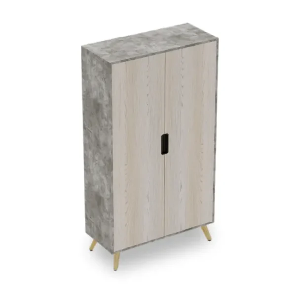 Modern two-tone wooden cabinet with soft-close hinges and pine legs