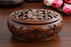 Round Carved Wooden Jewellery Box