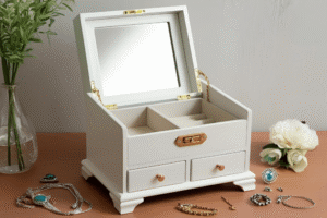 White Wood Jewellery Box with Mirror