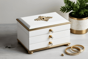 White Wooden Jewellery Box with Gold Accents