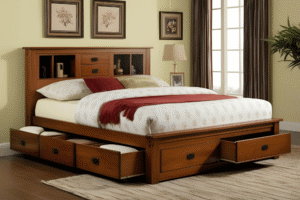Wooden bed with drawers