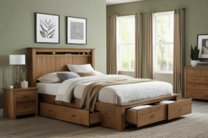 Wooden bed with storage
