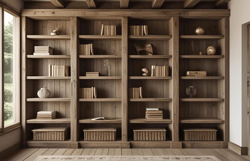 Rustic Wooden Bookshelf Design with Storage