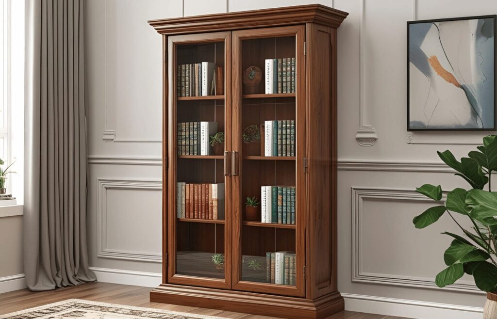 Solid Wood Book Rack with Glass Door