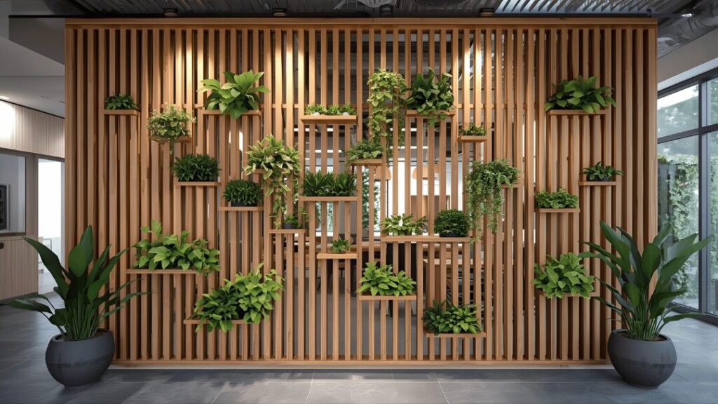 Wooden Divider with Integrated Plants